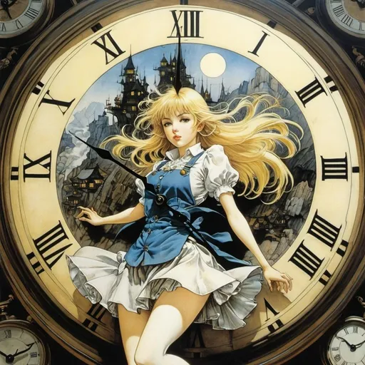 Prompt: Arthur Rackham, Gerrit Beneker, Richard Bosman, Tomi Ungerer, Katsuhiro Otomo, Surrealism, wonder, strange, bizarre, fantasy, Sci-fi, Japanese anime, clock setting, time being cast, critical protein light, mines, chaos, world map of electricity, blonde miniskirt beautiful girl Alice, perfect voluminous body, detailed masterpiece 