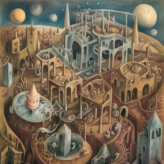 Prompt: Leonora Carrington,  Mabel Lucie Attwell, Margaret Tarrant, world slowly sinking in a coffee cup, diamond mine, process in a tower, dawn, detailed, high quality, high resolution, high definition, masterpiece 