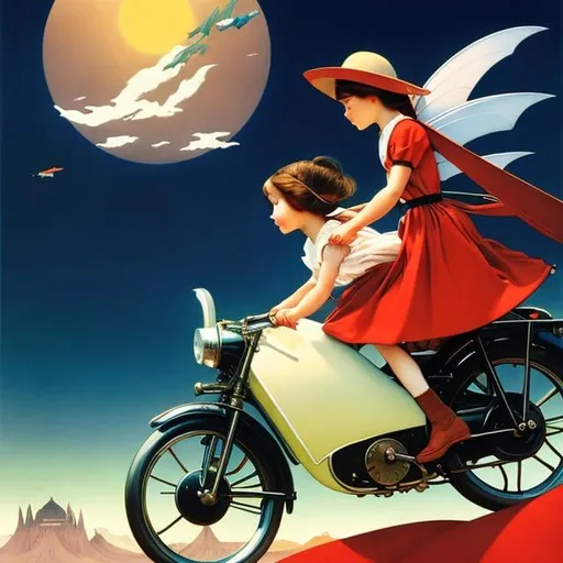 Prompt: Jessie Willcox Smith, shusei nagaoka, Surreal, mysterious, bizarre, fantastical, fantasy, Sci-fi, Japanese anime, fairy tale paintings, the Bremen Musicians, a beautiful blonde miniskirt princess riding a motorcycle, perfect voluminous body, the charm of a comprehensive art created by the combination of illustration, typesetting, reproduction technology, and art direction, 19 century paris street scenery, detailed masterpiece 