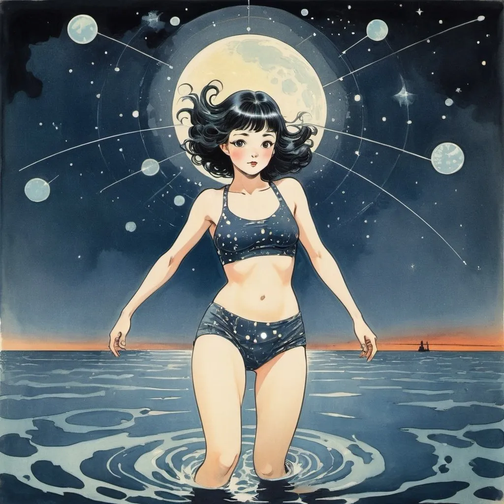 Prompt: Seiji Fujishiro, Hilda Cowham, Harry B. Neilson, Edward Bawden, Einar Nerman, Surrealism, mysterious, strange, bizarre, fantasy, Sci-fi, Japanese anime, beautiful miniskirt girl swimming in the darkness and running in the light, perfect voluminous body, constellation chart, the sea behind the moon, descending on paper, detailed masterpiece 