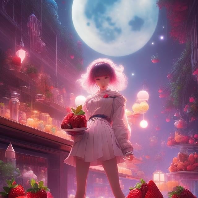 Prompt: Marek Włodarski, James Jean, Surreal, mysterious, strange, fantastical, fantasy, sci-fi, Japanese anime, miniskirt moonlight beautiful girl who comes down to the ground and eats a strawberry parfait, perfect voluminous body, loves cafes, moonless galactic nights, detailed masterpiece 