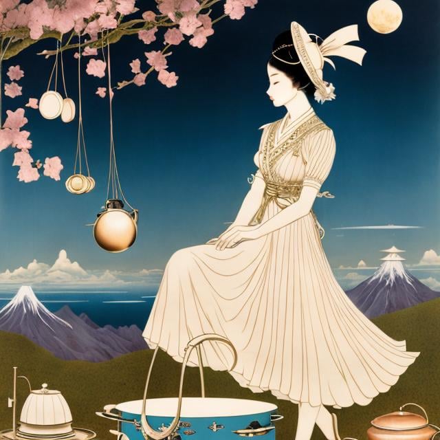 Prompt: Virginia Frances Sterrett, Yuu Watase, Surreal, mysterious, strange, fantastical, fantasy, Sci-fi, Japanese anime, toaster, kettle, frying pan, kitchen wonderland, beautiful girl cooking, perfect body, detailed masterpiece 