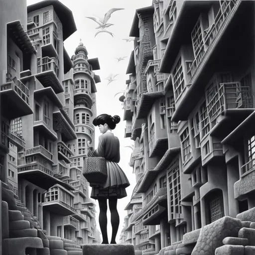 Prompt: M c Escher, Georges Lepage, Surreal, mysterious, strange, fantastical, fantasy, Sci-fi, Japanese anime, a city packed in boxes, a short-haired miniskirt beautiful girl peeking out from the top of a box, perfect body, detailed masterpiece 
