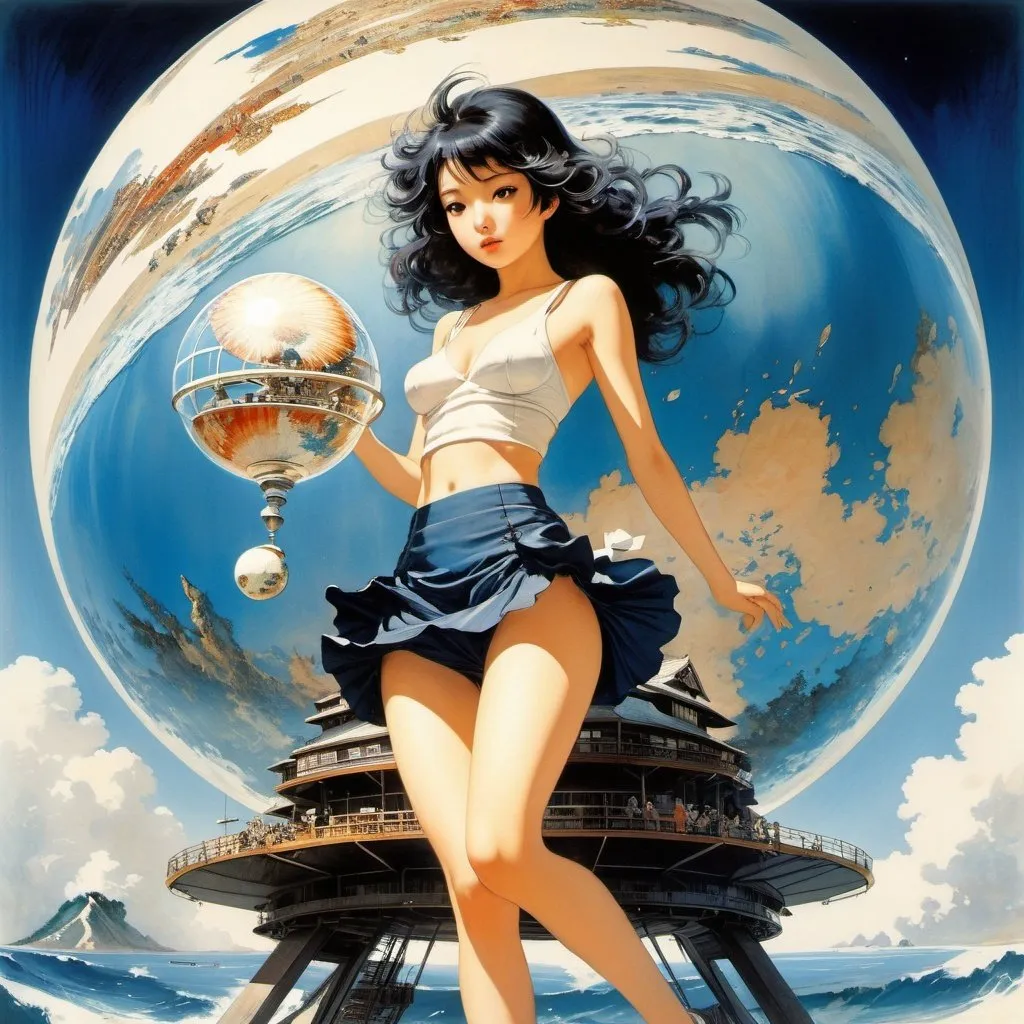 Prompt: Hokusai, Naoyuki Kato, John Berkey, Surreal, mysterious, strange, fantastical, fantasy, Sci-fi, Japanese anime, seashell machine, human-powered rotating celestial globe, miniskirt beautiful girl, perfect voluminous body, 