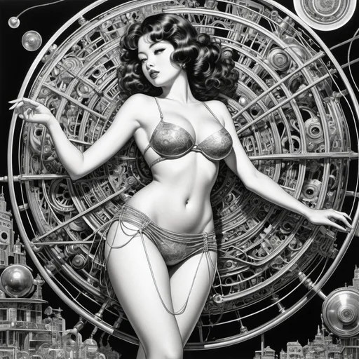 Prompt: Virgil Finlay, Max Emanuel Ainmiller, George Grosz, Yuko Shimizu, Esteban Maroto, Surrealism, strange, bizarre, fantastical, fantasy, Sci-fi, Japanese anime, nails, wheels, springs, magnets, lenses, strings, pumps, miniskirt beautiful girl who invents, perfect voluminous body, detailed masterpiece 