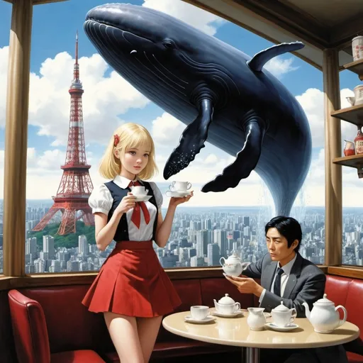 Prompt: Albert Morrow, Rose Maynard Barton, Naoyuki Kato, Shuji Takeshi, Surrealism, wonder, strange, bizarre, fantasy, Sci-fi, Japanese anime, a whale in a cafe in Tokyo, or Alice  a beautiful blonde miniskirt girl having tea, perfect voluminous body, flying over Tokyo Tower, detailed masterpiece 