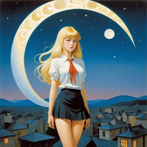 Prompt: Junaida, Rene Magritte, Klimt, Surreal, mysterious, strange, fantastical, fantasy, Sci-fi, Japanese anime, optical magic, distorted perspective, crescent moon at twilight, blonde miniskirt beautiful girl Alice, perfect voluminous body, detailed masterpiece 