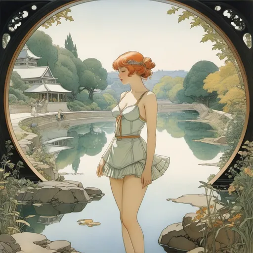 Prompt: Elsa Beskow, George Barbier, Heath Robinson, Russell Patterson, Masamune Shirow, Surrealism Mysterious Weird Fantastic Fantasy Sci-Fi, Japanese Anime Theoria of the Mirror Natural water mirror, copper mirror, and glass mirror, Fragments surrounding mirrors, A beautiful high school girl in a miniskirt who has an affair between the palace and the underground labyrinth, perfect voluminous body, derailed masterpiece 