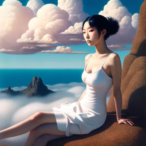 Prompt: Christian Schad, Takuya Fujima, Surreal, mysterious, strange, fantastical, fantasy, Sci-fi, Japanese anime, sea of ​​clouds, floating rocks, sitting miniskirt beautiful girl, perfect voluminous body, detailed masterpiece 