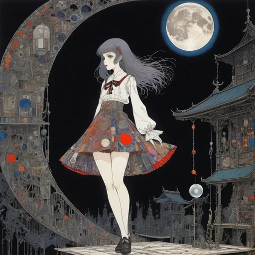 Prompt: Harry Clarke, Mitsumasa Anno, Surreal, mysterious, bizarre, fantastical, fantasy, Sci-fi, Japanese anime, automaton, board game, magic, museum, swing under the moon, sleepwalking miniskirt beautiful high school girl, perfect voluminous body, detailed masterpiece low high angles 