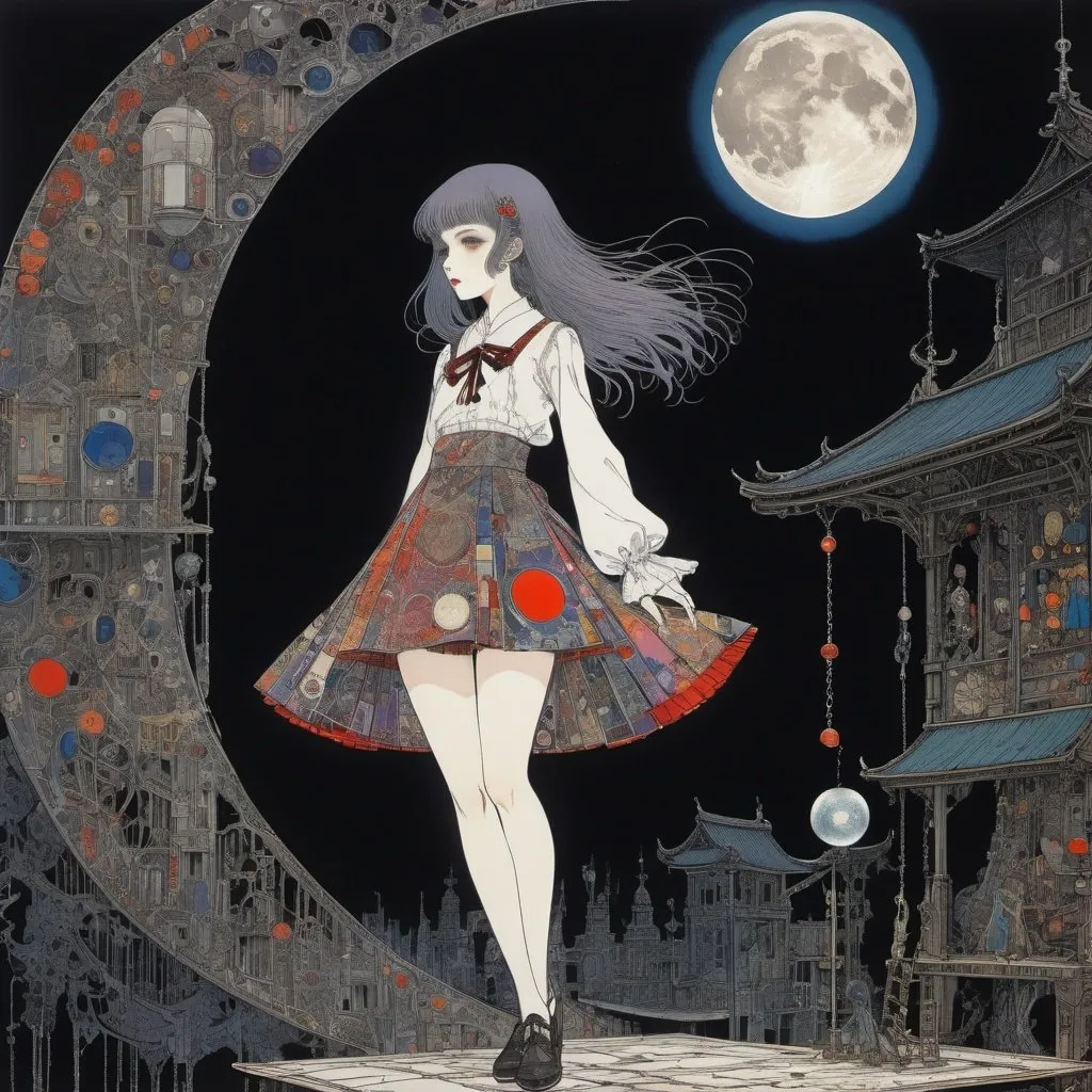 Prompt: Harry Clarke, Mitsumasa Anno, Surreal, mysterious, bizarre, fantastical, fantasy, Sci-fi, Japanese anime, automaton, board game, magic, museum, swing under the moon, sleepwalking miniskirt beautiful high school girl, perfect voluminous body, detailed masterpiece low high angles 