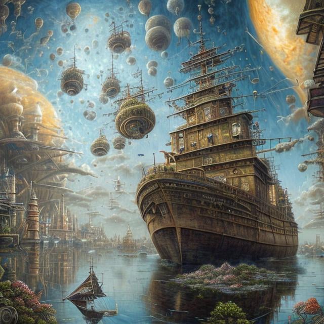 Prompt: John Stephens style, ship floating in air, detailed, semi realistic, people coming down using umbrellas as parachute, surreal fantasy