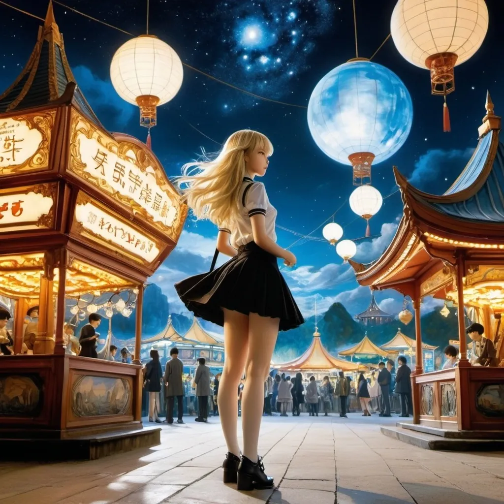 Prompt: Arthur Rackham, Alberto Savinio, Martin Emond, Yuu Watase, Margaret Tempest, Surrealism, wonder, strange, bizarre, fantasy, Sci-fi, Japanese anime, stage art lighting technology, participating in the mystery of cosmic rebirth through the transmutation of matter, behind the scenes of an amusement park, beautiful high school girl in a miniskirt, perfect voluminous body, detailed masterpiece 