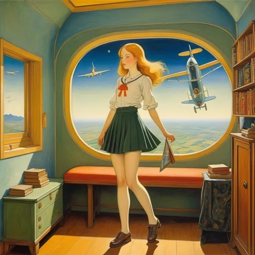 Prompt: Robert Anning Bell, Victor Brauner, Surreal, mysterious, strange, fantastical, fantasy, Sci-fi, Japanese anime, world travel through rooms in paintings, miniskirt beautiful high school girl, perfect voluminous body, riding a fantasy airplane, detailed masterpiece low high angles perspectives 