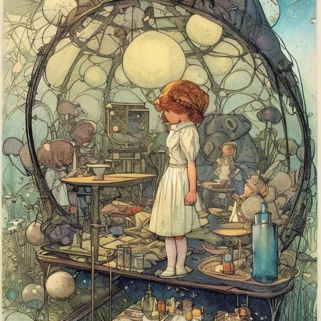 Prompt: Kate Greenaway, Jessie Willcox Smith, E. H. Shepard, animesque　wondrous　strange　Whimsical　Sci-Fi Fantasy　Microcosm in the attic　Microcosmos　Miniskirt schoolgirl　picnic　Closed space　amorous