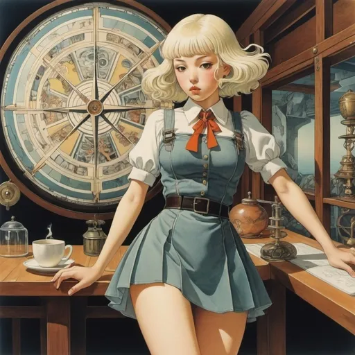 Prompt: Narumi Kakinouchi, Georges Papazoff, George Barbier, Margaret Tempest, Hans Bellmer, Surrealism, wonder, strange, bizarre, fantasy, Sci-fi, Japanese anime, spiral lathe and compass, beautiful high school girl in a miniskirt guiding the maze, perfect voluminous body, taking a break at a cafe located between day and night, detailed masterpiece 