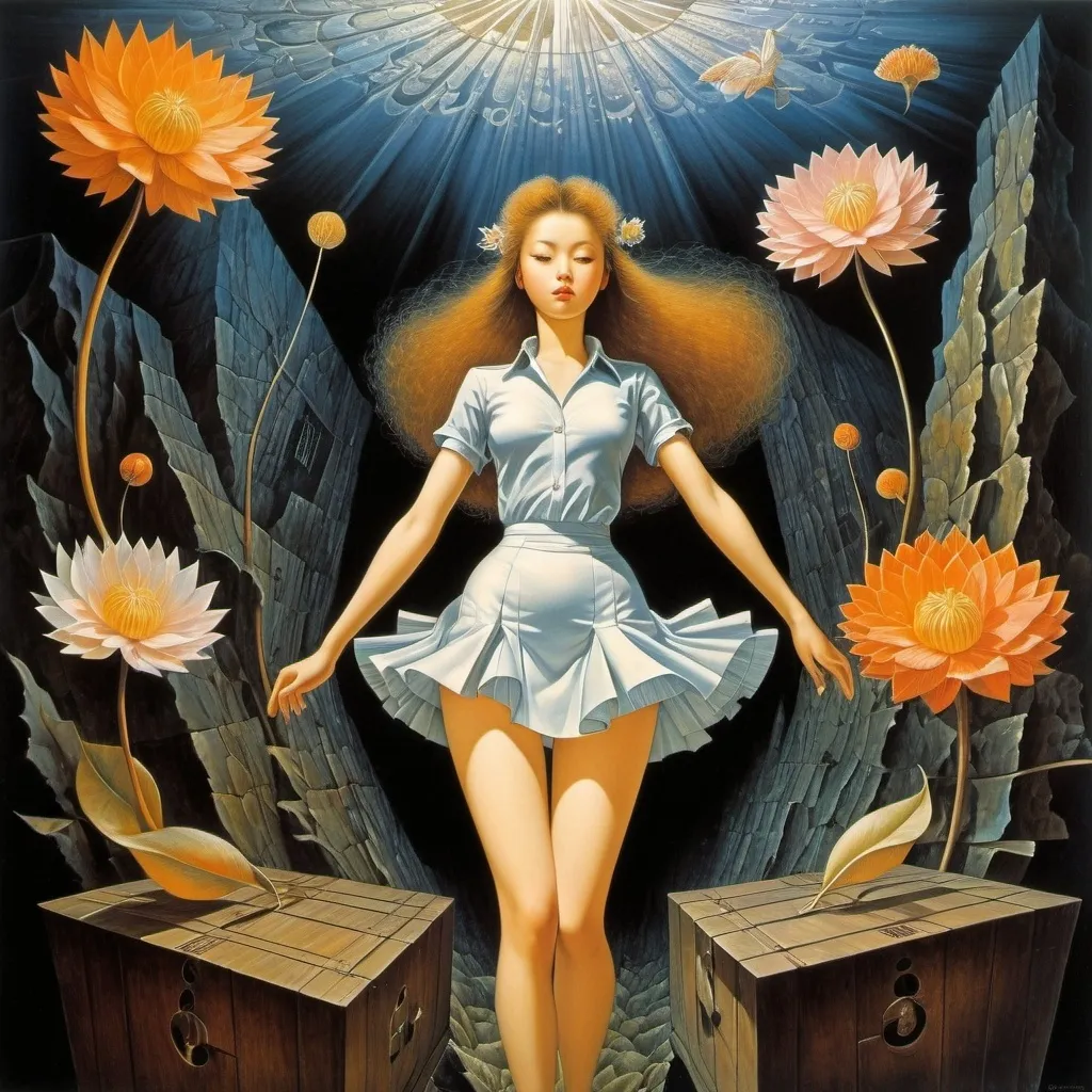 Prompt: Echo Chernik, Shigeru Hatsuyama, Remedios Varo, Ralph Pallen Coleman, Earl Norem, Surrealism, wonder, strange, bizarre, fantasy, Sci-fi, Japanese anime, petals falling on the scales, paradise in a box, miniskirt beautiful girl Pandora, perfect voluminous body, detailed masterpiece 