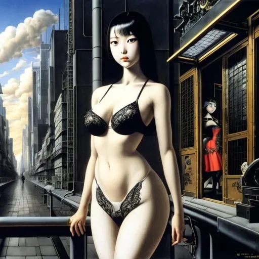 Prompt: Paul Delvaux, Naoyuki Kato, Surreal, mysterious, strange, fantastical, fantasy, Sci-fi, Japanese anime, gears and mechanisms of the world, miniskirt beautiful girl, perfect voluminous body, detailed masterpiece 