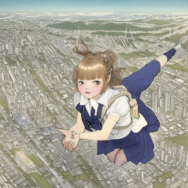 Prompt: Kate Greenaway, Margaret Tarrant, Anne Anderson, Sci-fi Fantasy,  Free-Falling Miniskirt Schoolgirl　Overhead view　open arms and legs, Over Tokyo city 