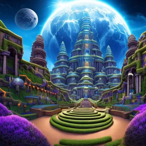 Prompt: Scott Brundage Anime Surreal Mysterious Weird Fantastic Sci-fi Fantasy Fantasy Labyrinth Temple, Theater, Water Supply, Glass, Grinding Stone, Magnet, Sun, Moon, Comet, Wind, Lightning, Earth, Earthquake, Island, Lake, Sea, Volcano, Clock development, elephants, lions, dolphins, dogs, bees, vegetables, flowers, grass, grains, fruits, trees, reptiles, insects, birds, fish