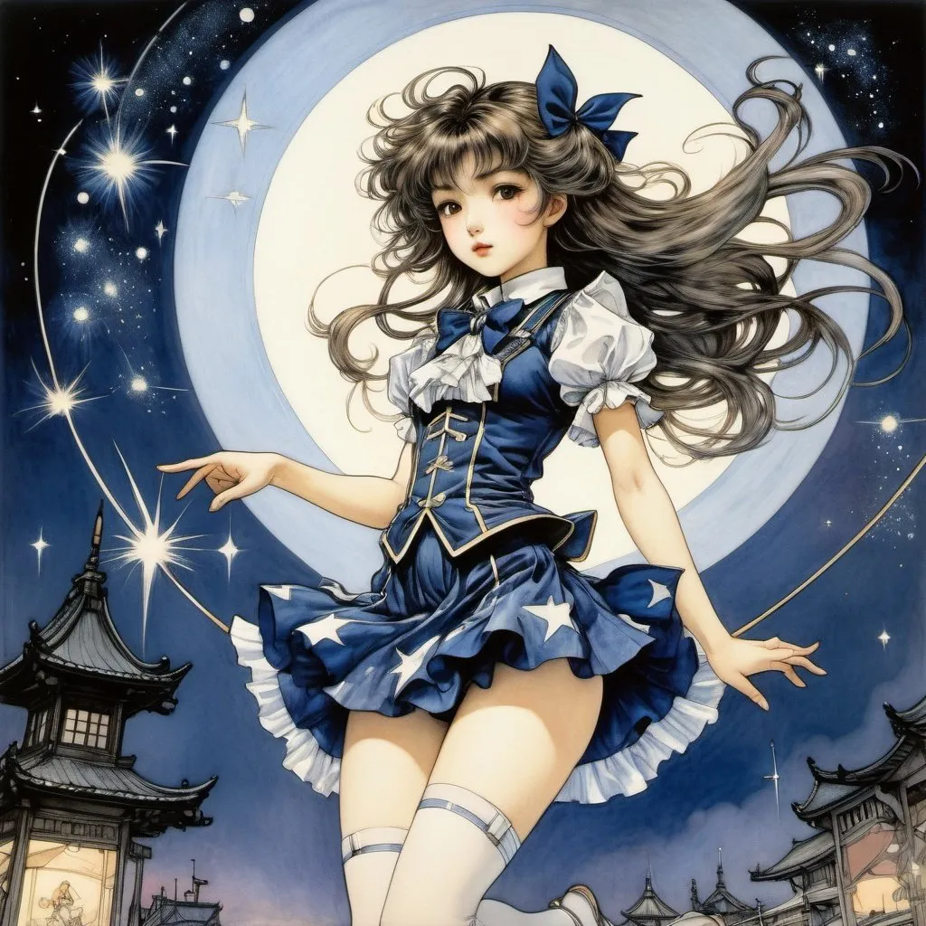 Prompt: Arthur Rackham, Keiko Suenobu, Surreal, mysterious, strange, fantastical, fantasy, Sci-fi, Japanese anime, miniskirt magical girl who creates shooting stars, perfect voluminous body,  image for twilight future, carousel, detailed masterpiece 