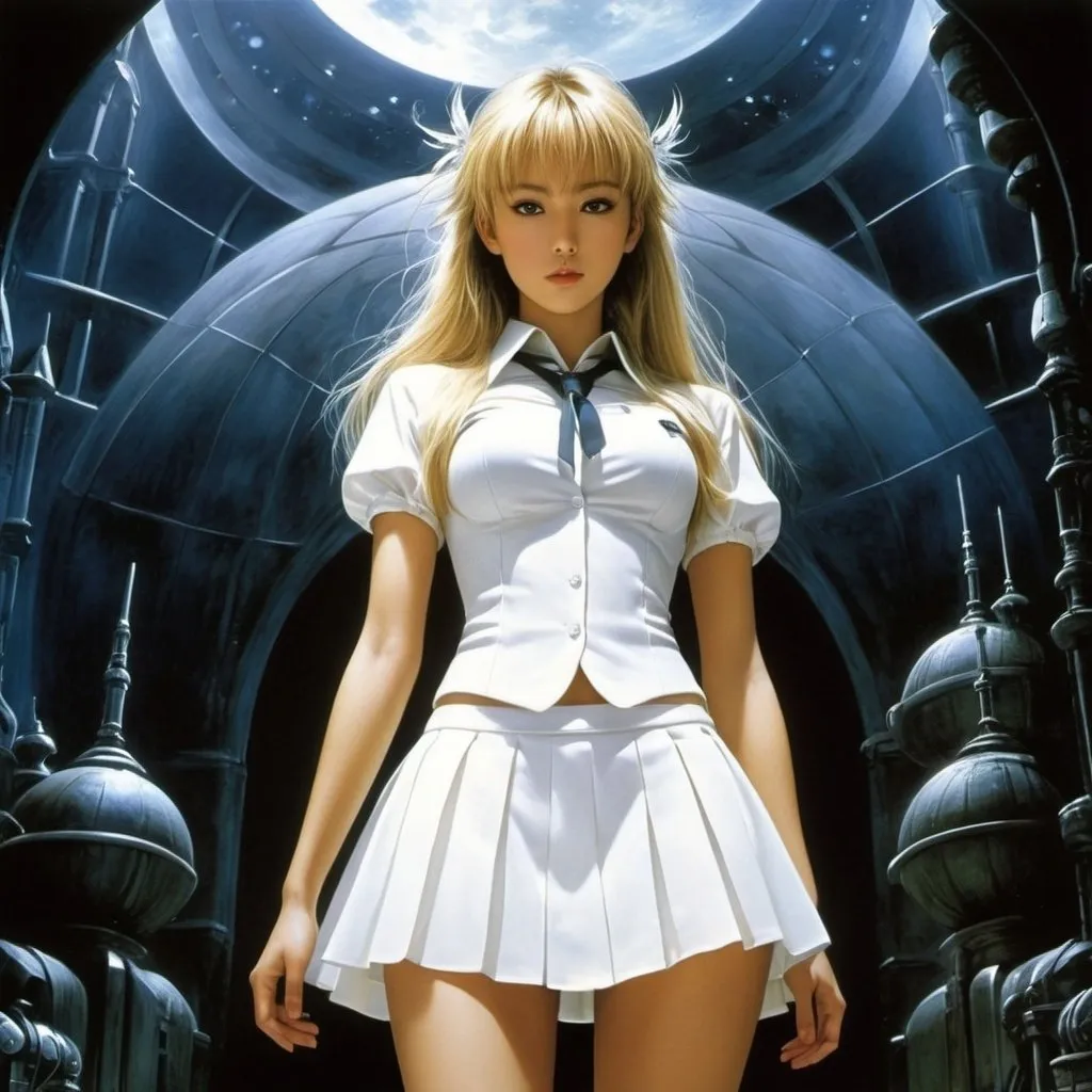 Prompt: Aquirax Uno, Yuki Urushibara, Adolfo Hohenstein, Anne Anderson, Luis Royo, Surrealism Mysterious Weird Fantastic Fantasy Sci-fi, Japanese Anime, Theater Under the Skirt, Miniskirt Beautiful High School Girl, perfect voluminous body, detailed masterpiece 