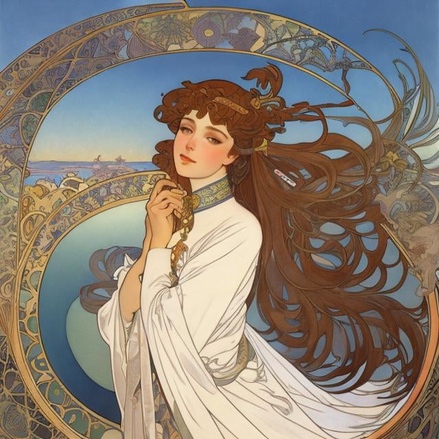 Prompt: Georges Lepape, Alphonse Mucha, Surreal, mysterious, bizarre, fantastical, fantasy, Sci-fi, fantasy, anime, ritual, story, memory, visual symbolism and chimera, spiral jetty, beautiful girl in a mini-skirt cheongsam dress, detailed masterpiece 
