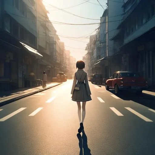 Prompt: Johann Dieter Wassmann, Shigeru Tamura, Surreal, mysterious, strange, fantastic, fantasy, Sci-fi, Japanese anime, miniskirt beautiful girl and cat walking in the world between night and day, geometry, perfect body, detailed masterpiece perspective cinematic lighting hand drawings fine lines