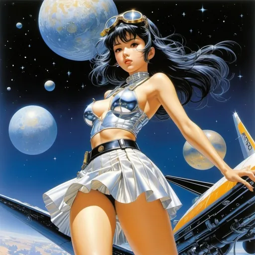 Prompt: Hajime Sorayama, Masamune Shirow, Don Lawrence, Emanuele Luzzati, Heikala, Surrealism, wonder, strange, bizarre, fantasy, Sci-fi, Japanese anime, starry sky encyclopedia that travels through the sky, planetary specimen box, miniskirt beautiful high school girl, perfect voluminous body, detailed masterpiece 