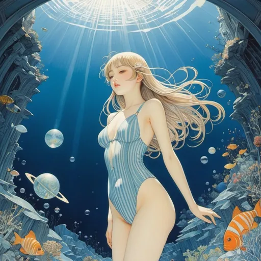 Prompt: Takuya Fujima, Kay Nielsen, Usamaru Furuya, Hannah Frank in full colours, Eugène Grasset, Surrealism, wonder, strange, fantastical, fantasy, Sci-fi, Japanese anime, beautiful girl in a school swimsuit sinking forever in the deep sea of ​​the internet, perfect voluminous body, architecture, mathematics, physics, chemistry, astronomy, detailed masterpiece connected world 