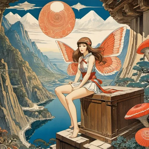 Prompt: Kōjirō Akagi, Walter Crane, Surreal, mysterious, bizarre, fantastic, fantasy, Sci-fi, Japanese anime, mountains in a box, beautiful girl in a flying miniskirt, perfect voluminous body, microscope and ammonite fossil, coral palace, 