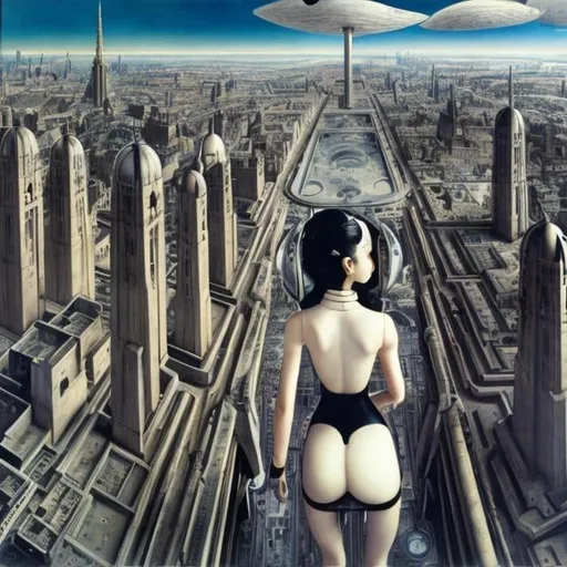 Prompt: Paul Delvaux, shuho itahadhi, Surreal, mysterious, strange, fantastical, fantasy, Sci-fi, Japanese anime, miniskirt beautiful girl who loves machines, futuristic architecture, perspective, perspective drawing, movement of the vanishing points, perspectives bird’s eye view angles, detailed masterpiece 