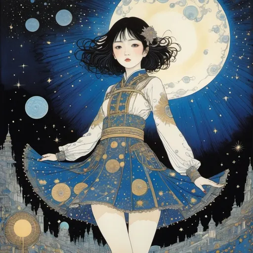 Prompt: Harry Clarke, Yuko Shimizu, Surrealism Mysterious Weird Fantastic Fantasy Sci-Fi, Japanese Anime, Miniskirt Beautiful Girl Growing the Stars, perfect voluminous body, Watering and Taking Care of the Stars, detailed masterpiece 
