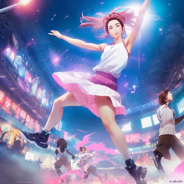 Prompt: Takehiko Inoue, Mabel Attwell, Surreal, mysterious, bizarre, fantastical, fantasy, Sci-fi, Japanese anime, Alice, a miniskirt blonde beautiful girl who does a slam dunk in basketball. Perfect body. Dynamic action pose. Exciting, sweat. The audience stands. Alice dancing in the air. Excitement, detailed masterpiece high resolution definition quality, depth of field cinematic lighting 