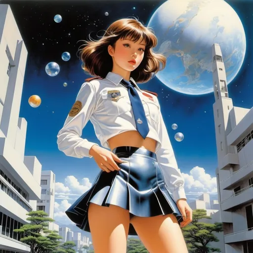 Prompt: Ayako Rokkaku, Henriette Willebeek le Mair, Oyvind Fahlstrom, Hajime Sorayama, Kiki Kogelnik, Surrealism, wonder, strange, bizarre, fantasy, Sci-fi, Japanese anime, Arcadia on the banks of the galaxy, logos of a beautiful high school girl in a miniskirt, interacting with the body, perfect voluminous body, detailed masterpiece diver 