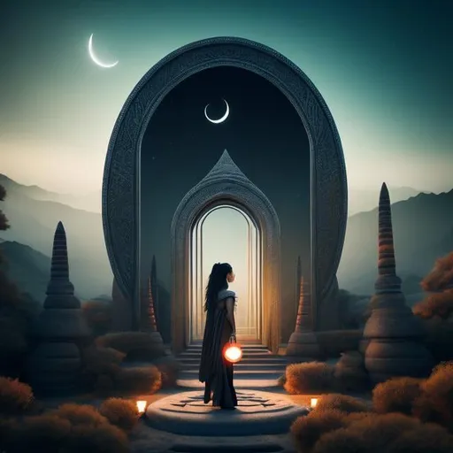 Prompt: Sulamith Wülfing, Surreal, mysterious, strange, fantastical, fantasy, Sci-fi, Japanese anime, crescent moon in the mirror, amphitheater, pagan beauty, hyper detailed masterpiece high resolution definition quality, depth of field cinematic lighting 