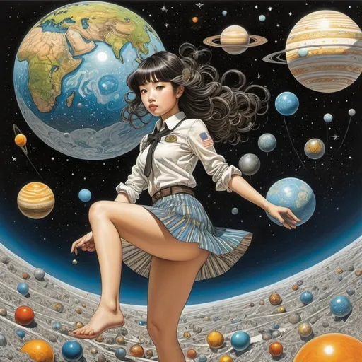 Prompt: Yuko Shimizu, Don Maitz, Claudia Gadotti, Bob Darroch, Gali-Dana Singer, Surrealism, strange, bizarre, fantastical, fantasy, Sci-fi, Japanese anime, drawing the three-dimensional world on a flat surface with colored pencil drawings, solar system model, beautiful high school girl in a miniskirt, perfect voluminous body, detailed masterpiece 