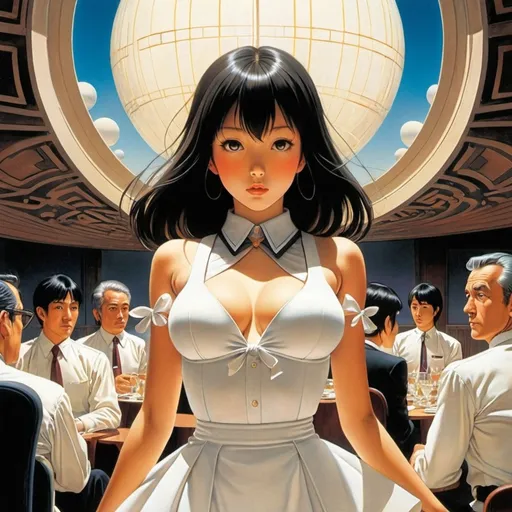 Prompt: Keith Henderson, Paul Nash, Chiho Saito, Jean Giraud, Joseph Urban, Surrealism, wonder, strange, bizarre, fantasy, Sci-fi, Japanese anime, day and night banquet, hemisphere magazine, algebra at the end of the world, miniskirt beautiful high school girl, perfect voluminous body, detailed masterpiece 