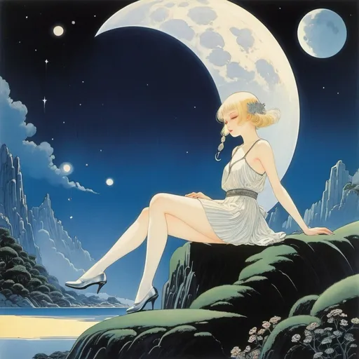 Prompt: Kay Nielsen, Edward Eggleston, Hasui Kawase, Henry Clive, Kazuto Nakazawa, Surrealism Mysterious Weird Fantastic Fantasy Sci-Fi, Japanese Anime, Sleepless Night Reading, Sitting on the Full Moon, Miniskirt Beautiful High School Girl, perfect voluminous body, detailed masterpiece 