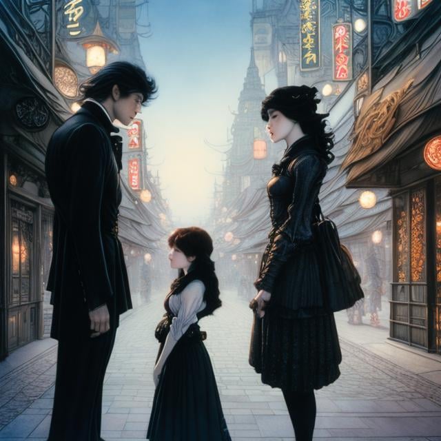 Prompt: Arthur Rackham, Michael Whelan, Surreal, mysterious, bizarre, fantastical, fantasy, Sci-fi, Japanese anime, pure miniskirt beautiful high school girl, cute face, perfect body, escorted by a handsome bodyguard in a black suit, shopping in Tokyo at night, Moon, hyper detailed masterpiece high resolution definition quality, depth of field cinematic lighting 