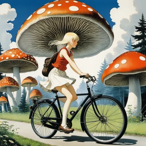 Prompt: Katsuhiro Otomo, Magnus Enckell, Masashi Kudō, Hugo Gerhard Simberg, Kay Nielsen, Surrealism, Mysterious, Weird, Outlandish, Fantasy, Sci-Fi, Japanese Anime, Running Giant Mushroom, Miniskirt Beautiful High School Girl Chasing Mushrooms on a Bicycle, perfect voluminous body, Inside the City, detailed masterpiece 