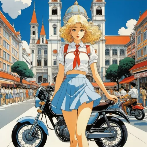 Prompt: George Barbier, Katsuhiro Otomo, Filippo De Pisis, Achille Beltrame, Moto Hagio, Surrealism Mysterious Weird Fantastic Fantasy Sci-Fi, Japanese Anime, Summer Ark, Flood in the Town Square, Beautiful High School Girl in a Mini Skirt, perfect voluminous body, detailed masterpiece 