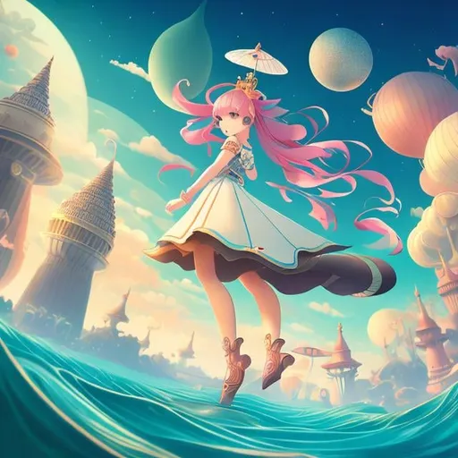 Prompt: Andy Catling, Erte, Surreal, mysterious, strange, fantastical, fantasy, sci-fi, Japanese anime, acorn boat, miniskirt beautiful girl, perfect voluminous body, flowing from a high tower, detailed masterpiece low angles 