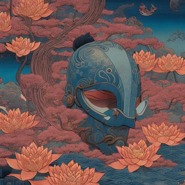 Prompt: Ukiyo-e Style James Jean, Cicely Mary Barker, Anime Mysterious Strange Fantastic Surreal Sci-Fi Fantasy Mask of Flesh and Flesh, All Things, Rubbing Feathers, He Who Bears the Name of Human, Carve Twin Lotuses on the Wall of Blue Fire, of the Great Fire Waiting for the abyss in the distant sky, detailed, high resolution definition quality masterpiece