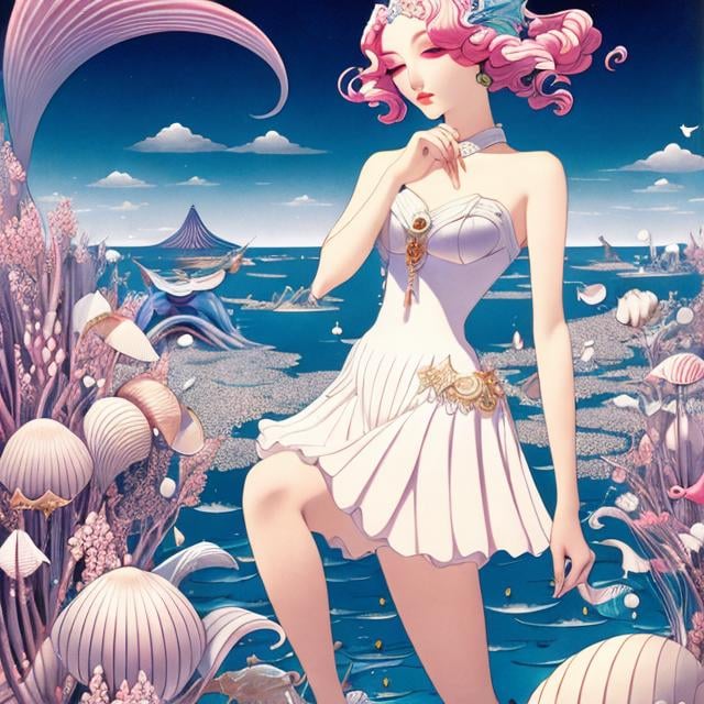 Prompt: George Barbier, Yoshitaka Amano, Art Deco Mysterious Weird Surreal Fantastic Fantasy Sci-fi, Japanese Anime, Liquid moonlight falling to the ground Seashell boat Beautiful girl in miniskirt, perfect voluminous body, detailed masterpiece 