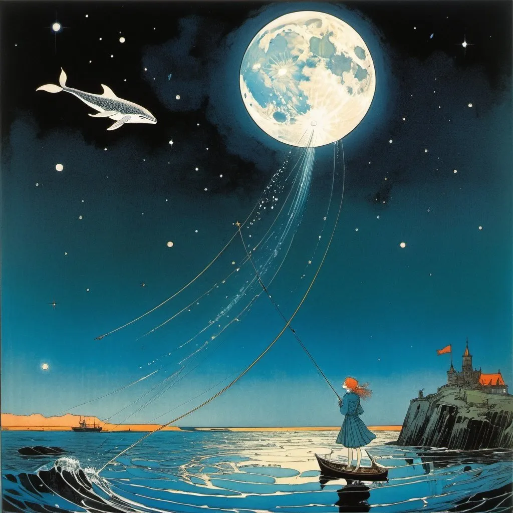 Prompt: Harry Clarke, James Warhola, David Wenzel, Richard Doyle, Franklin Booth full colours, Surrealism, wonder, strange, bizarre, fantasy, Sci-fi, Japanese anime, horoscope in the attic, beautiful high school girl in a miniskirt fishing a shooting star whale, perfect voluminous body, splash wet, Moonlight Records, detailed masterpiece 