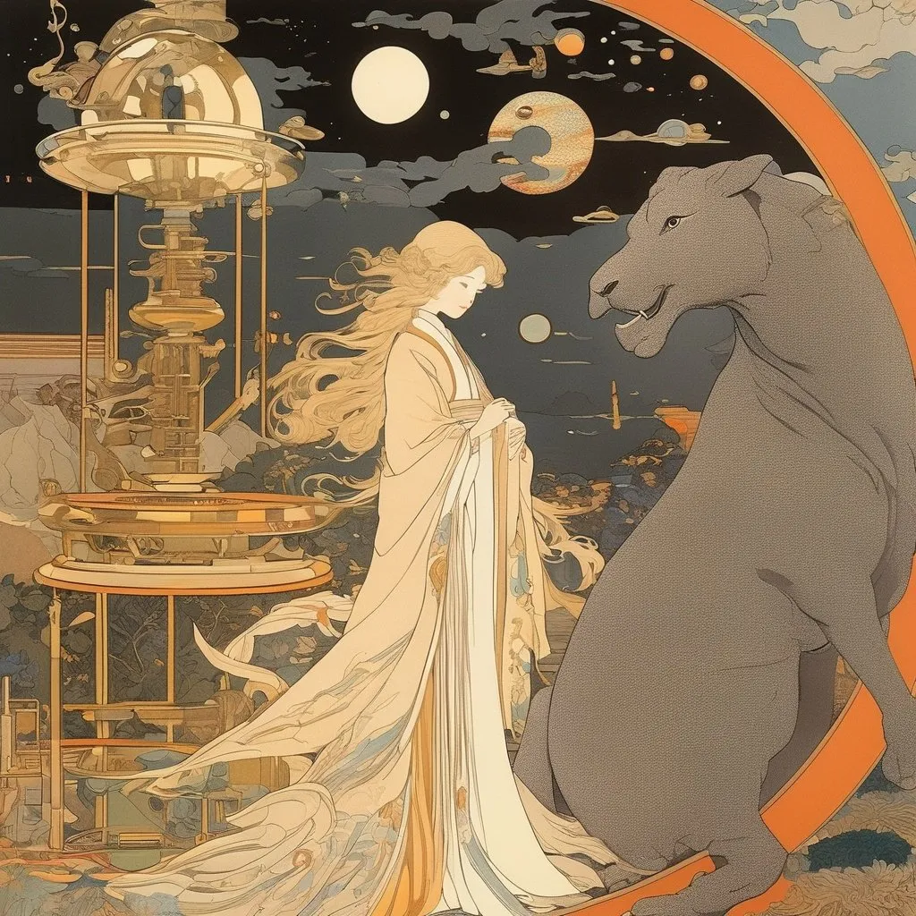 Prompt: Ephraim Moses Lilien, Moto Hagio, Surreal, mysterious, strange, fantastical, fantasy, Sci-fi, Japanese anime, wind-up zoo, large alphabet, microscope, beautiful girl, collage, perfect voluminous body, detailed masterpiece 