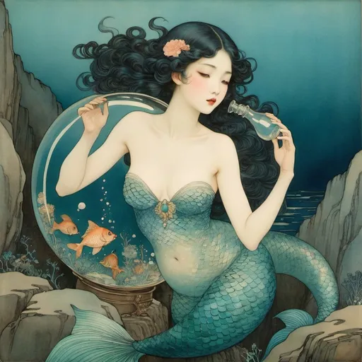 Prompt: Edmund Dulac, Yoshitoki Ōima, Surreal, mysterious, strange, fantastical, fantasy, Sci-fi, Japanese anime, beautiful mermaid in a flask, perfect voluminous body, coquettish shy blushing embarrassed, detailed masterpiece hand colours drawings