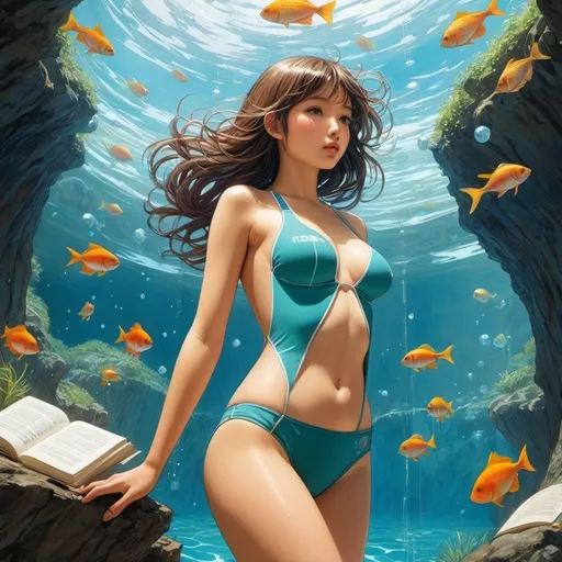 Prompt: Edmond Francois Calvo full colours, Pierre Joubert, Surreal, mysterious, strange, fantastical, fantasy, Sci-fi, Japanese anime, swimming in a torrent of words, beautiful girl in a school swimsuit, perfect voluminous body, science experiment, detailed masterpiece 