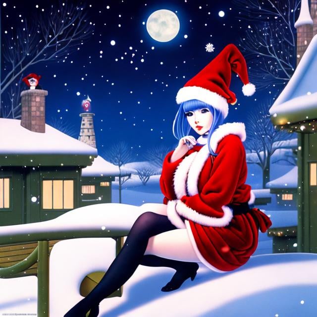 Prompt: Nanae Haruno, George Barbier, Surreal, mysterious, bizarre, fantastical, fantasy, Sci-fi, Japanese anime, Alice, a beautiful blonde miniskirt girl in a Santa costume, perfect body, on the roof, thinking about going in through the chimney to hand out presents. Next to her is a sleigh pulled by reindeer and a pile of presents, detailed masterpiece 